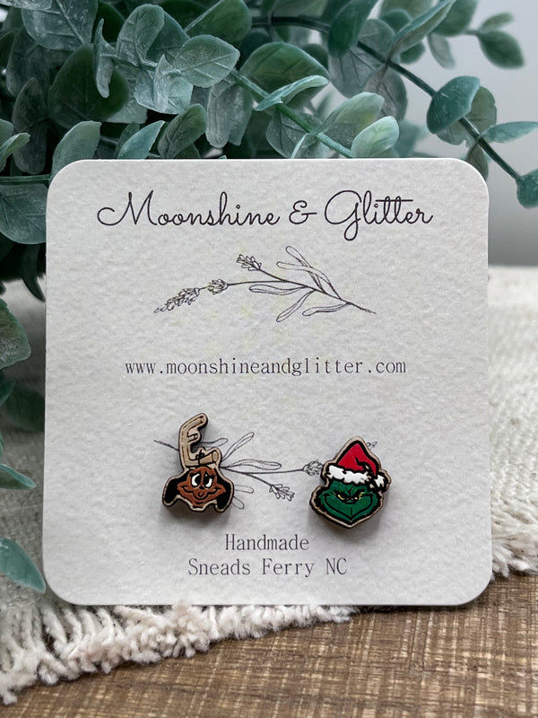 Handpainted Wood Stud Earrings with grinch green monsters Christmas Hypoallergenic, Lightweight