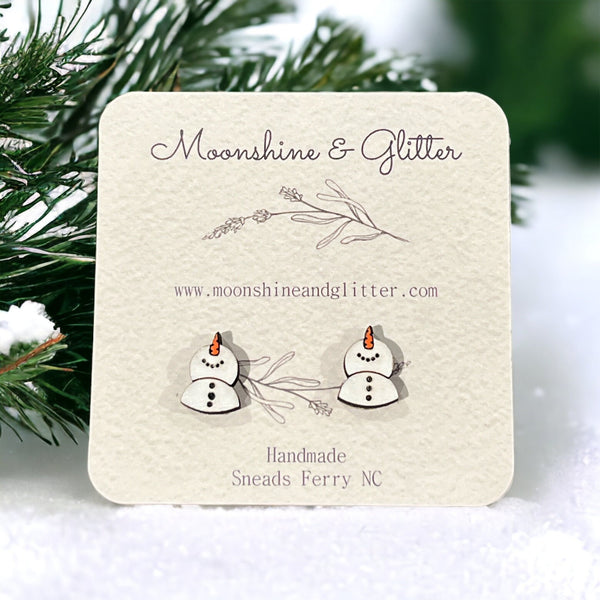 Handpainted Wood Stud Earrings with a snowman Design catching snowflake  Hypoallergenic, Lightweight winter Christmas gift
