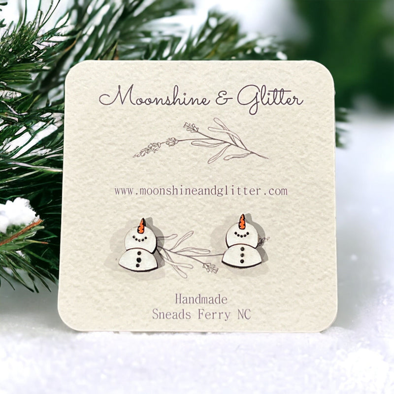 Handpainted Wood Stud Earrings with a snowman Design catching snowflake  Hypoallergenic, Lightweight winter Christmas gift
