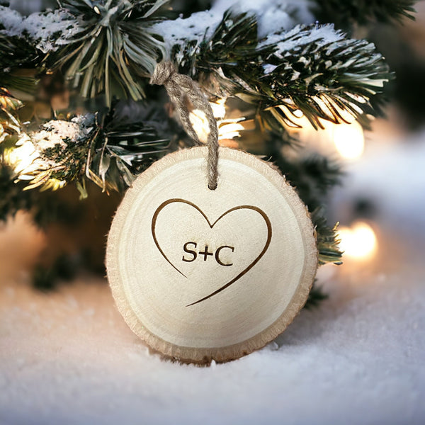Personalized wood round tree ornament Christmas wedding gift for her