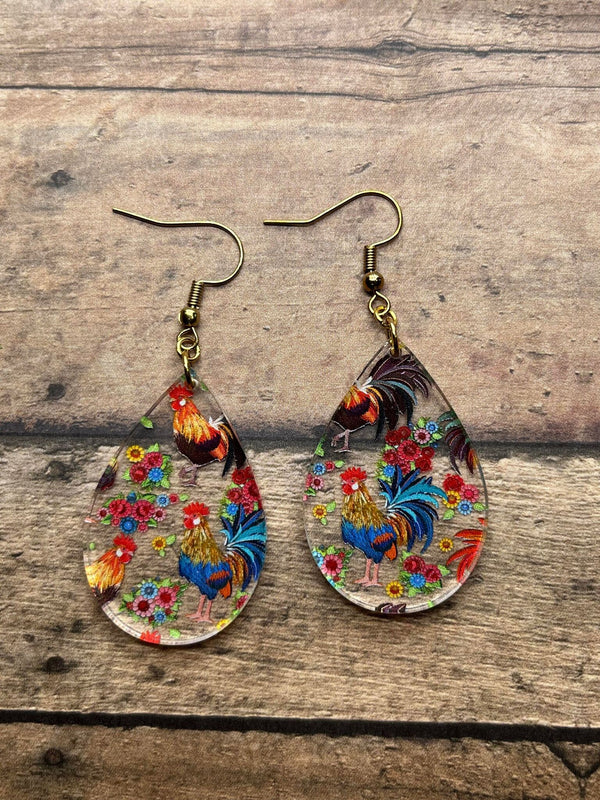 Sunny Side Up: Clear Acrylic Rooster Teardrop Dangle Earrings - Hypoallergenic, Lightweight, UV Printed, 1.5 Inches