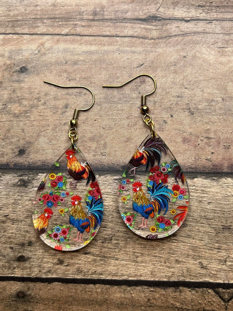 Sunny Side Up: Clear Acrylic Rooster Teardrop Dangle Earrings - Hypoallergenic, Lightweight, UV Printed, 1.5 Inches