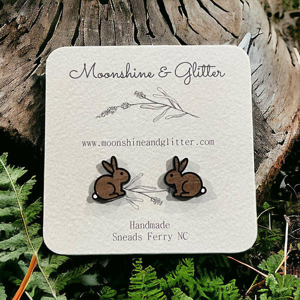 Walnut Wood Easter Bunny Stud Earrings - Hypoallergenic - 0.45" Size - Perfect for Child or Adult
