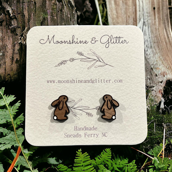 Walnut Wood Easter Bunny Stud Earrings - Hypoallergenic - 0.45" Size - Perfect for Child or Adult