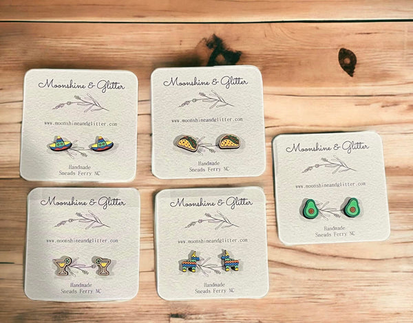 Cinco de Myo Stud Earrings - Hypoallergenic, Hand-Painted, and Sealed - Piñata, Sombrero, Jalapeño, Avocado, Taco