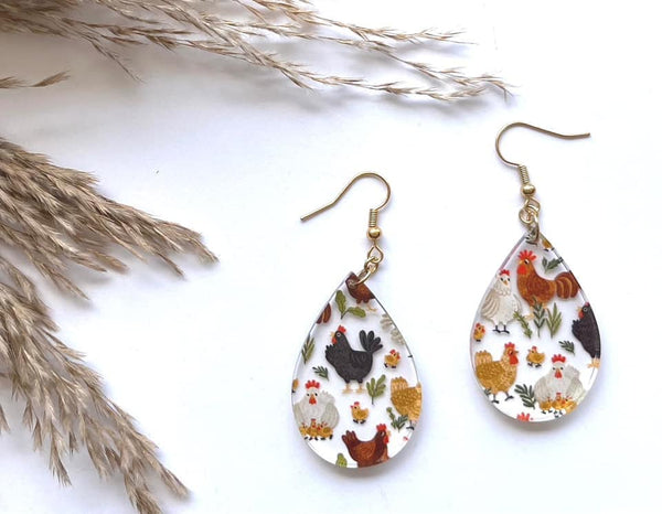 Clear Acrylic Chicken Dangle Earrings - Quirky and Whimsical Farmyard Fashion - hypoallergenic stainless steel - Crazy Chicken Lady