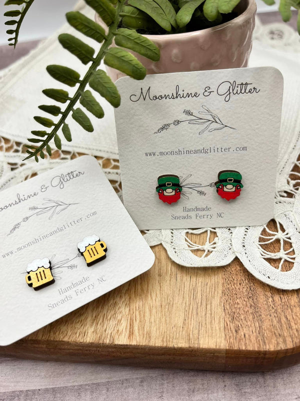 Hand-Painted St. Patrick's Day Stud Earrings - Stainless Steel Hypoallergenic - 0.5 Inch - Irish Shamrock  - St Patty's Beer mug leprechaun