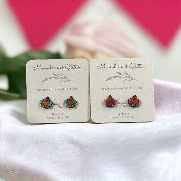 Handpainted Wood Stud Earrings with chubby chicken  Hypoallergenic, Lightweight