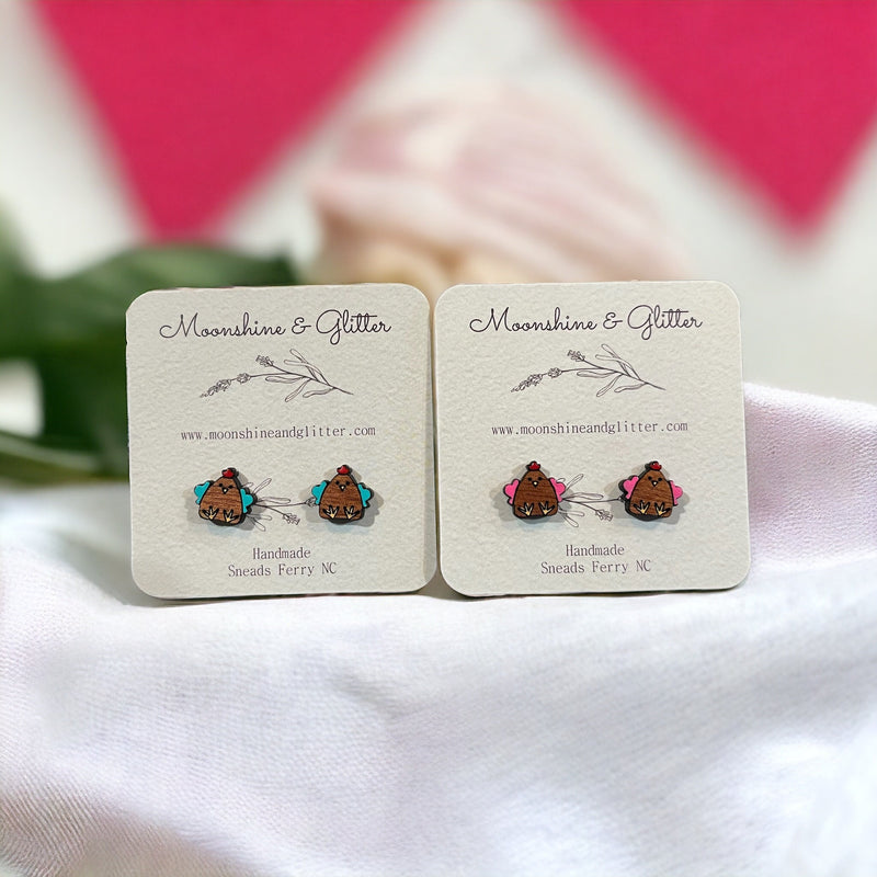 Handpainted Wood Stud Earrings with chubby chicken  Hypoallergenic, Lightweight