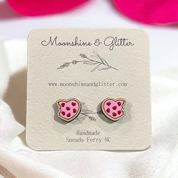 Handpainted Wood Stud Earrings with valentine cookies love heart vday Hypoallergenic, Lightweight