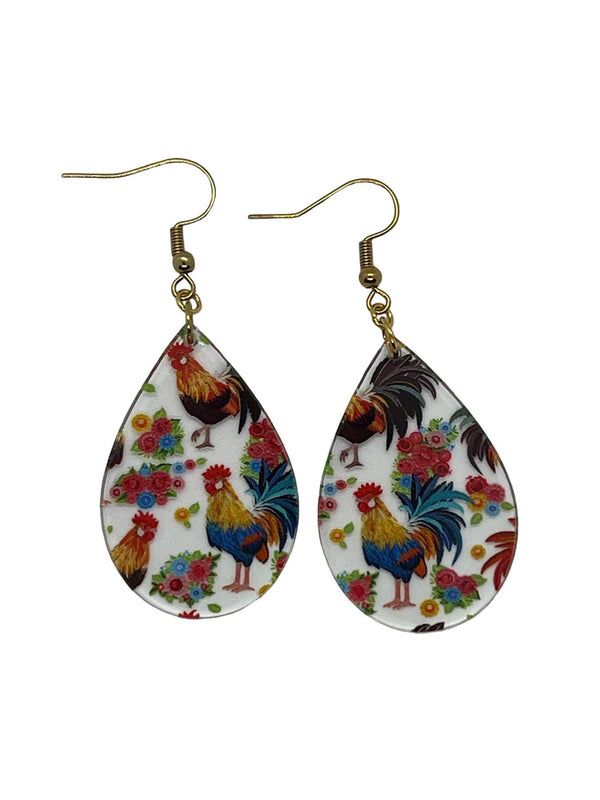 Sunny Side Up: Clear Acrylic Rooster Teardrop Dangle Earrings - Hypoallergenic, Lightweight, UV Printed, 1.5 Inches
