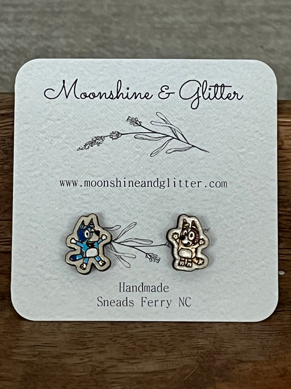 Handpainted Wood Stud Earrings Bluey Bandit heeler chilli dog cartoons