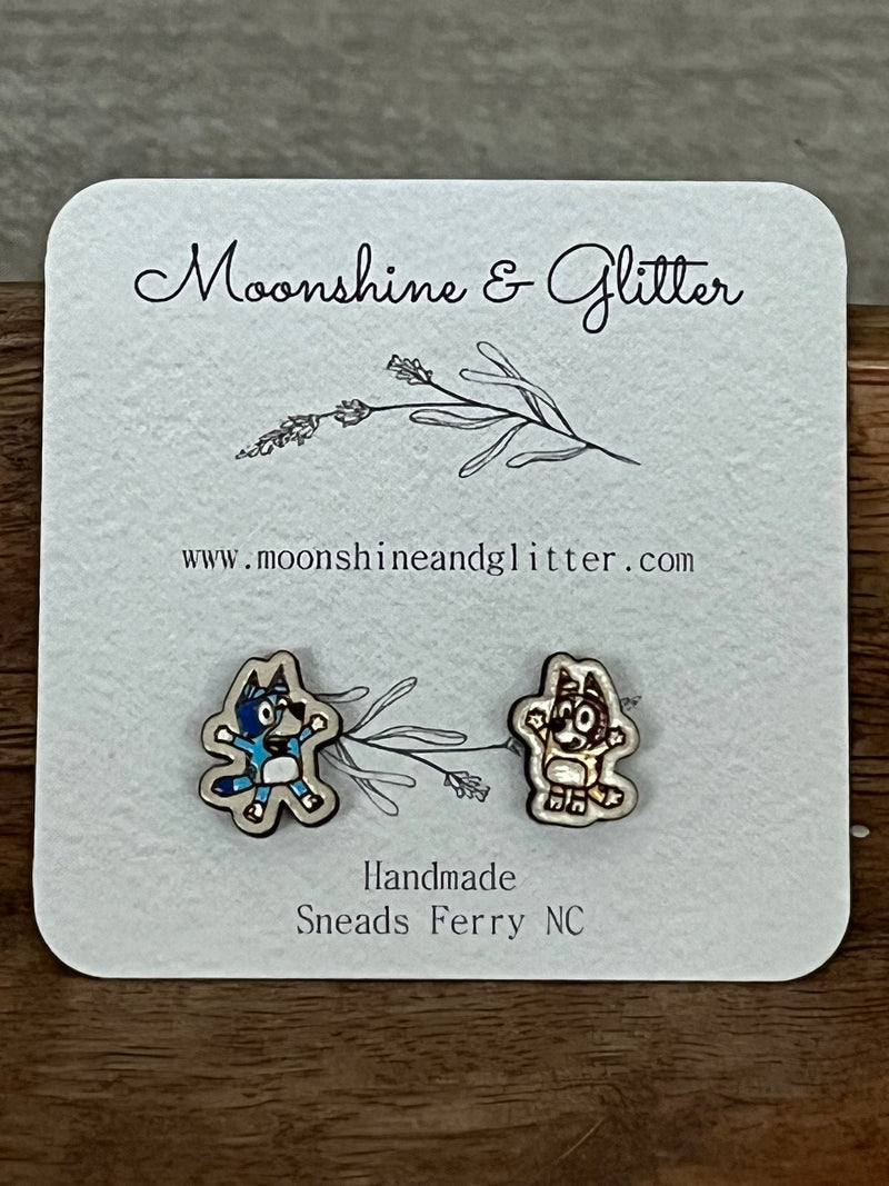 Handpainted Wood Stud Earrings Bluey Bandit heeler chilli dog cartoons