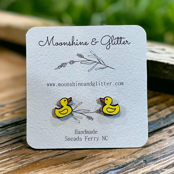 Yellow Duck Stud Earrings - Hypoallergenic, Hand-Painted, Lightweight - Quirky Jeep Design