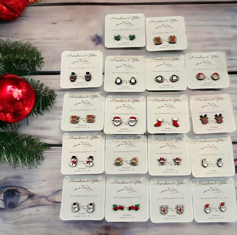 Hand-painted Stainless Steel Stud Earrings - Santa, Reindeer, Elf, Bear - Christmas Gift for Her Holiday season