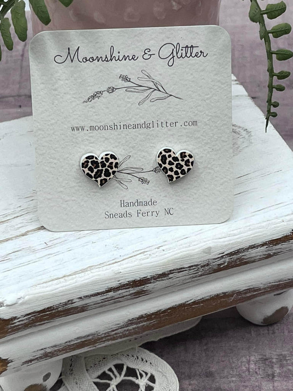 Cheetah Print Heart Acrylic Stud Earrings - Hypoallergenic - Lightweight - Leopard Animal Print Love