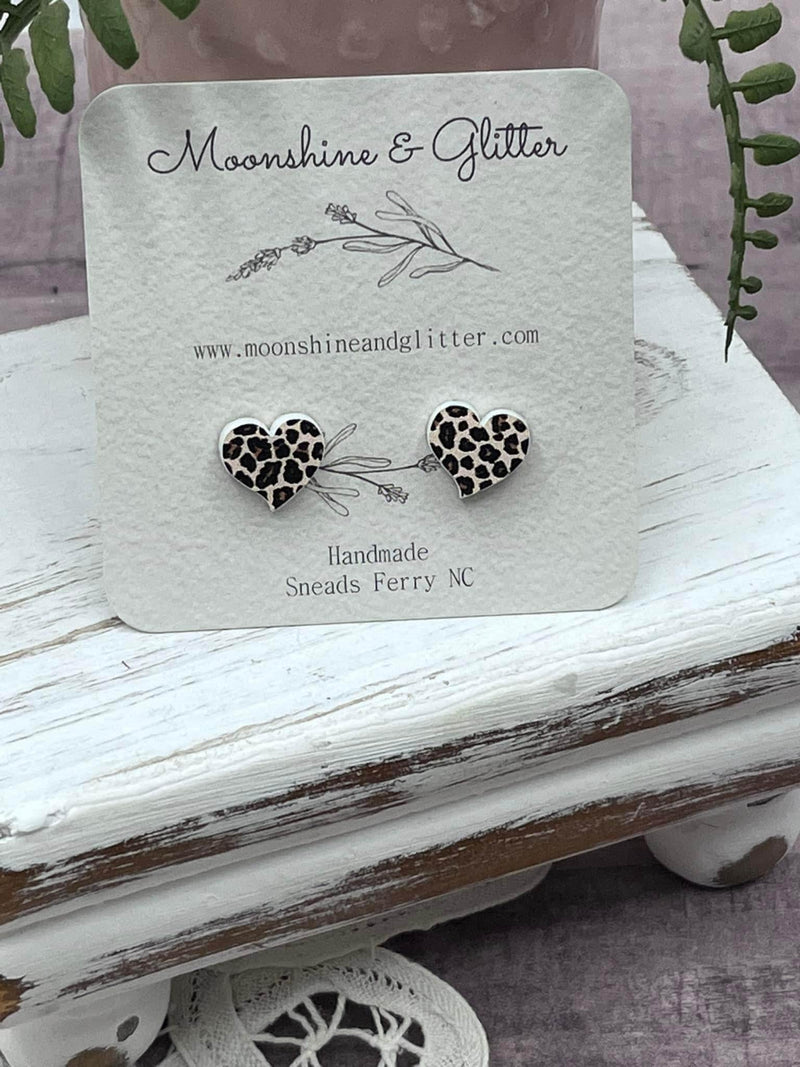 Cheetah Print Heart Acrylic Stud Earrings - Hypoallergenic - Lightweight - Leopard Animal Print Love