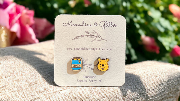 Hand-painted Winnie the Pooh Stud Earrings - Honey Pot Stainless Steel post hypoallergenic