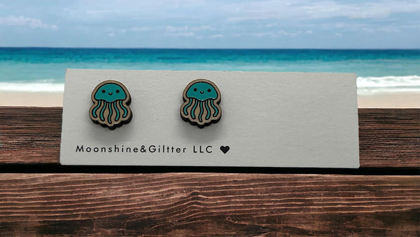 Jellyfish earrings Beach Vacation Ocean stud earrings  fun jewelry wood minimalist