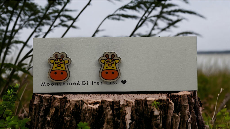 Giraffe stud earrings sloth earrings handpainted gift hypoallergenic sensitive ears