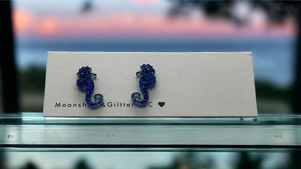 Glitter Seahorse acrylic stud earrings Beach Vacation Ocean stud earrings  fun jewelry