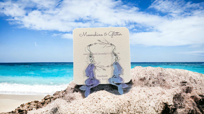 Mermaid Sparkle earrings dangle beach jewelry ocean sea animal sensitive ears 1.5” in length lightweight hypoallergenic acrylic