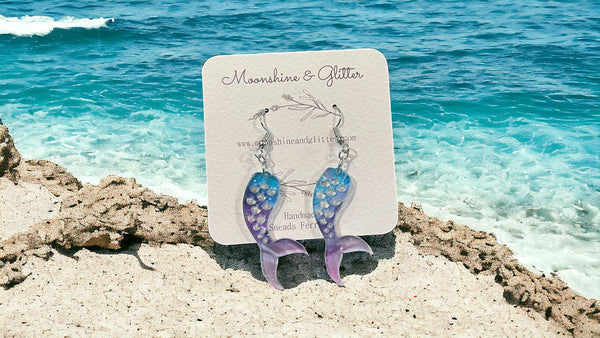 Mermaid Tail earrings dangle beach jewelry ocean sea animal sensitive ears 1.5” in length lightweight hypoallergenic acrylic