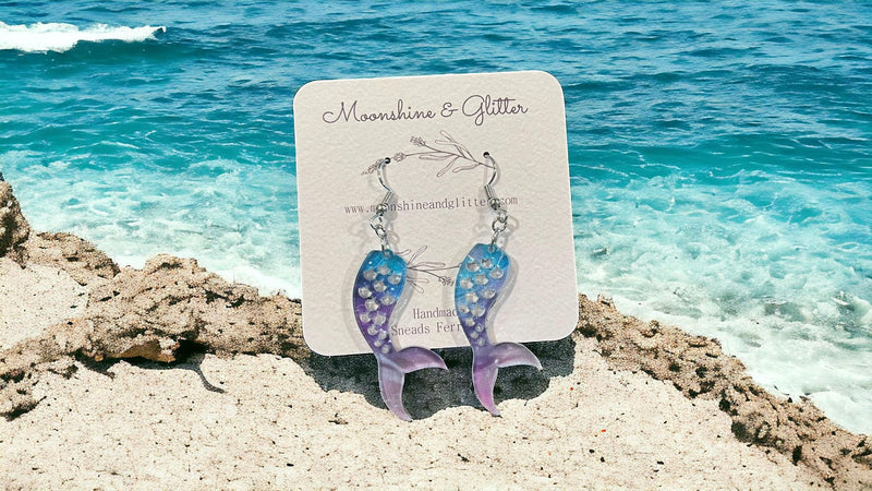 Mermaid Tail earrings dangle beach jewelry ocean sea animal sensitive ears 1.5” in length lightweight hypoallergenic acrylic