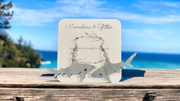 Shark earrings dangle beach jewelry ocean sea animal sensitive ears 1.5” in length lightweight hypoallergenic gray acrylic
