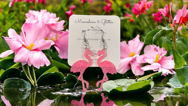 Flamingo earrings dangle beach jewelry ocean sea animal sensitive ears 1.5” in length lightweight hypoallergenic gray acrylic