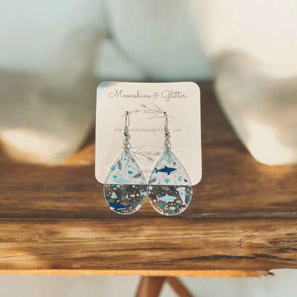 Shark earrings dangle beach jewelry ocean beach sea animal sensitive ears 1.5” in length lightweight hypoallergenic acrylic