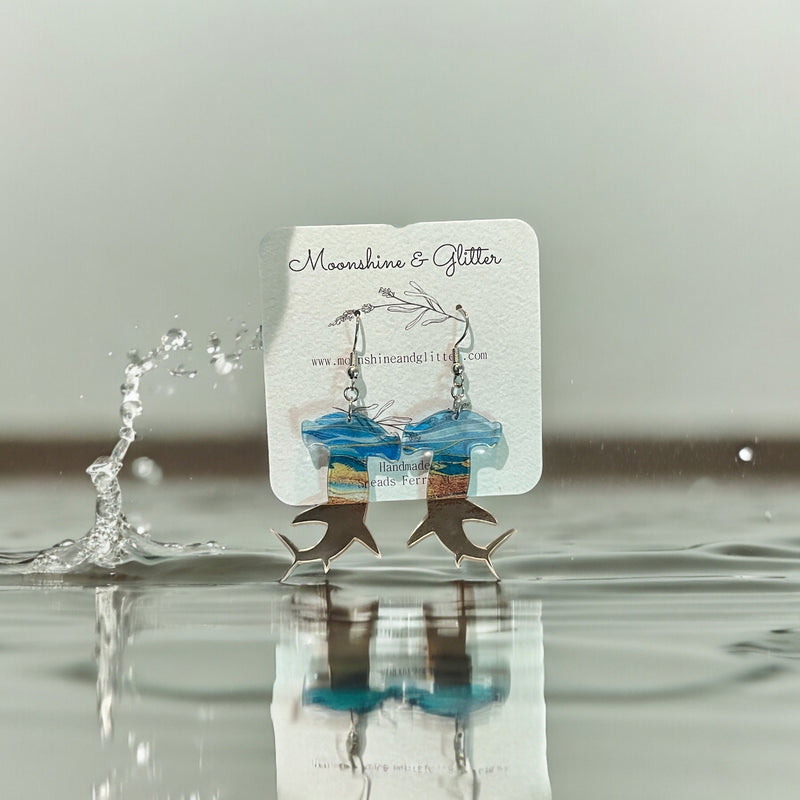 Hammerhead  Shark earrings dangle beach jewelry ocean sea animal sensitive ears 1.5” in length lightweight hypoallergenic shark earrings