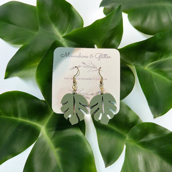 Monstera leaf earrings dangle beach jewelry ocean beach sensitive ears 1.5” in length lightweight hypoallergenic acrylic