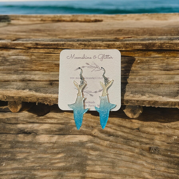 Shark earrings dangle beach jewelry ocean beach sea animal sensitive ears 1.5” in length lightweight hypoallergenic acrylic