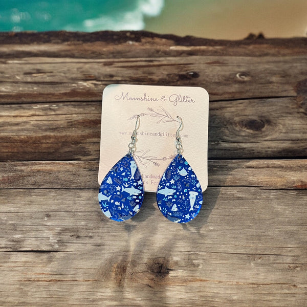 Shark earrings dangle beach jewelry ocean beach sea animal sensitive ears 1.5” in length lightweight hypoallergenic acrylic
