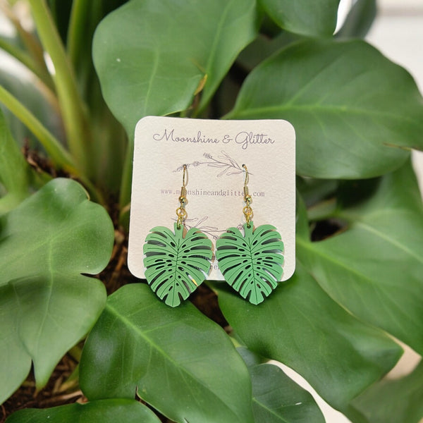 Monstera leaf earrings dangle beach jewelry ocean beach sensitive ears 1.5” in length lightweight hypoallergenic acrylic