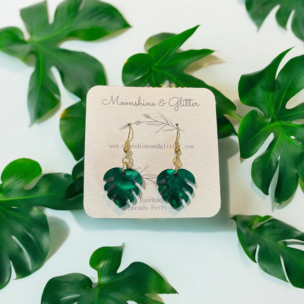 Monstera leaf earrings dangle beach jewelry ocean beach sensitive ears 1.5” in length lightweight hypoallergenic acrylic