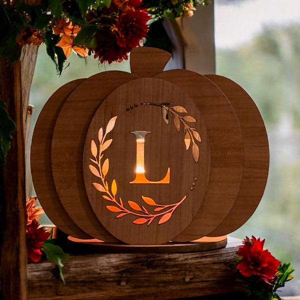 Custom Wood Monogram 3D Pumpkin Tea Light Holder - Personalized Fall Decor - Laser Cut Pumpkin - Halloween Home Decor