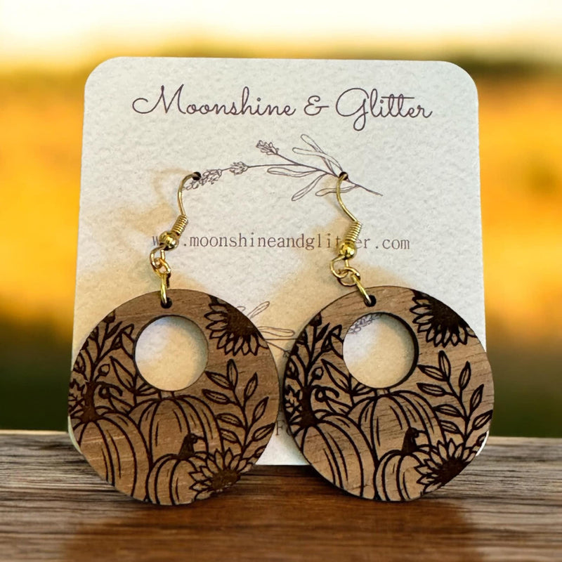 Pumpkin Walnut Wood Halloween Pumpkin Engraved Dangle Earrings - Hypoallergenic, Great Detail, Lightweight