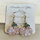 Lightweight Fall Pumpkin Earrings - 1.25" Matte Terracotta Acrylic with Green Stem & Printed Lace Design - Eye-Catching Fashion Statement