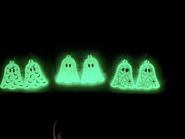 Glow in the Dark Halloween Spooky Ghost Earrings - 1" - Lightweight Acrylic, Hypoallergenic - 3 Styles: Bats, Solid, or Spiderwebs
