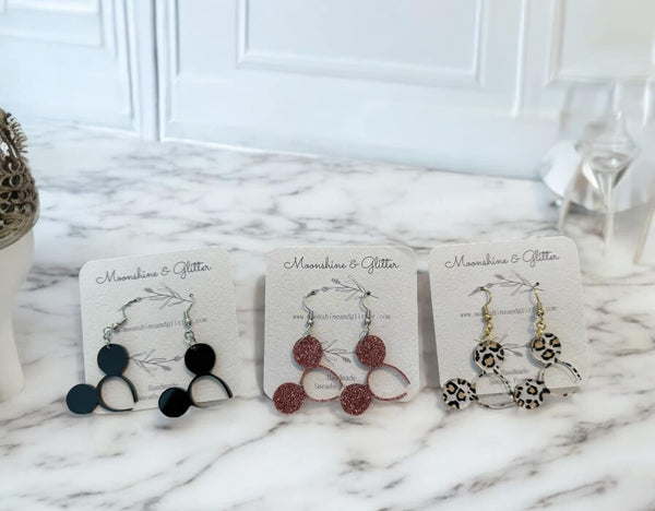 Mouse Headband Dangle Earrings - 1.5" Black Matte or Custom Color - Hypoallergenic, Lightweight, Handcrafted - Disney Fan Gift