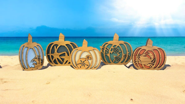 Coastal Fall Pumpkin Decor | Layered Wood Pumpkins with Sea Turtles, Waves, Starfish & Sand Dollars | Beach Autumn Shelf Sitters