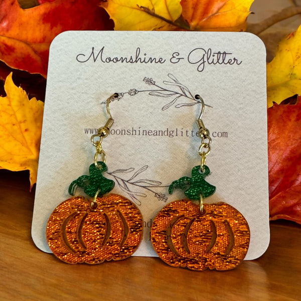 Pumpkin Earrings Glitter Fabric Acrylic  Halloween earrings  - 2 Piece, 1.25" - Eye-Catching Fashion Statement, Hypoallergenic, Lightweight