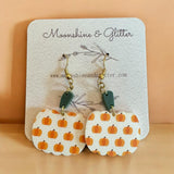 Pumpkin Earrings Lightweight Fall  - 1.25" Printed White Acrylic - Eye-Catching Fashion Statement, Hypoallergenic, Two Piece