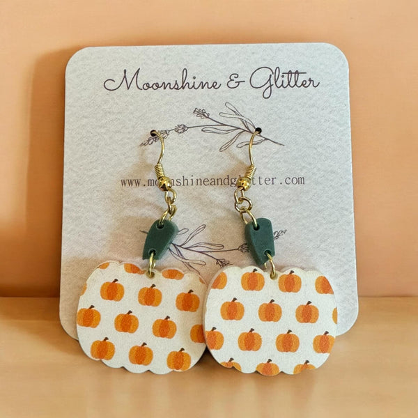 Pumpkin Earrings Lightweight Fall  - 1.25" Printed White Acrylic - Eye-Catching Fashion Statement, Hypoallergenic, Two Piece