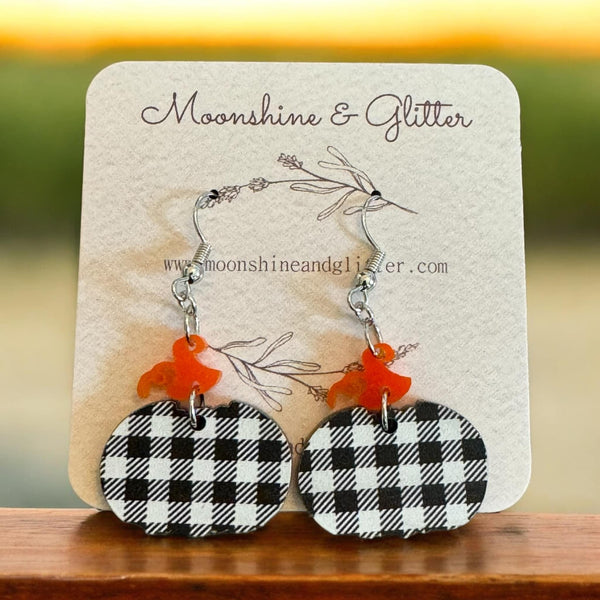 Lightweight Fall Pumpkin Earrings - 1.25" Black and White Plaid Acrylic - Eye-Catching Fashion Statement, Hypoallergenic, Two Piece