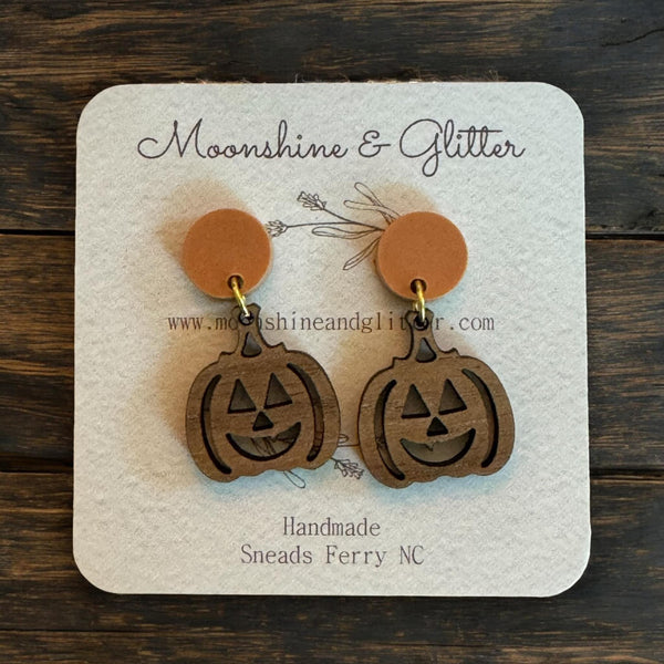 Walnut Wood Engraved Jack-o'-Lantern Earrings Pumpkin- Fall Outfit Accessory - Hypoallergenic, Lightweight, Matte Orange Stud