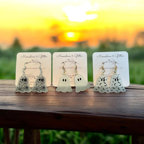 Glow in the Dark Halloween Spooky Ghost Earrings - 1" - Lightweight Acrylic, Hypoallergenic - 3 Styles: Bats, Solid, or Spiderwebs