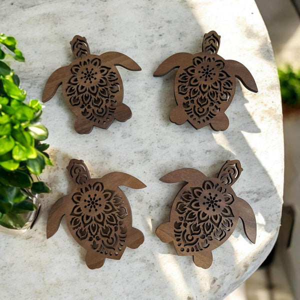 Sea Turtle Walnut Wood Coaster Set of 4 - Handcrafted, Elegant, and Functional - Perfect for Ocean Lovers